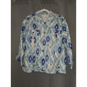 Chico's Sz 2 L Metallic IKAT‎ Art-Wear Funky Linen Cotton Jacket